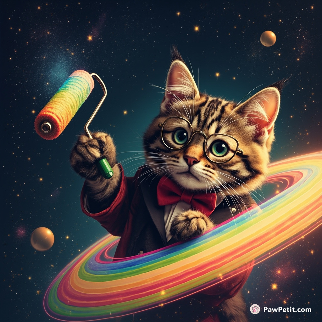 Debonair, monocle-wearing cat repainting the rings of Saturn in noche rainbow, floating with a gleaming cosmic paint roller.