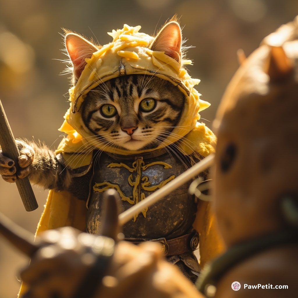Cat, as a knight with cheese armor, jousting atop a giant snail against an opponent squirrel in garlic bread armor.