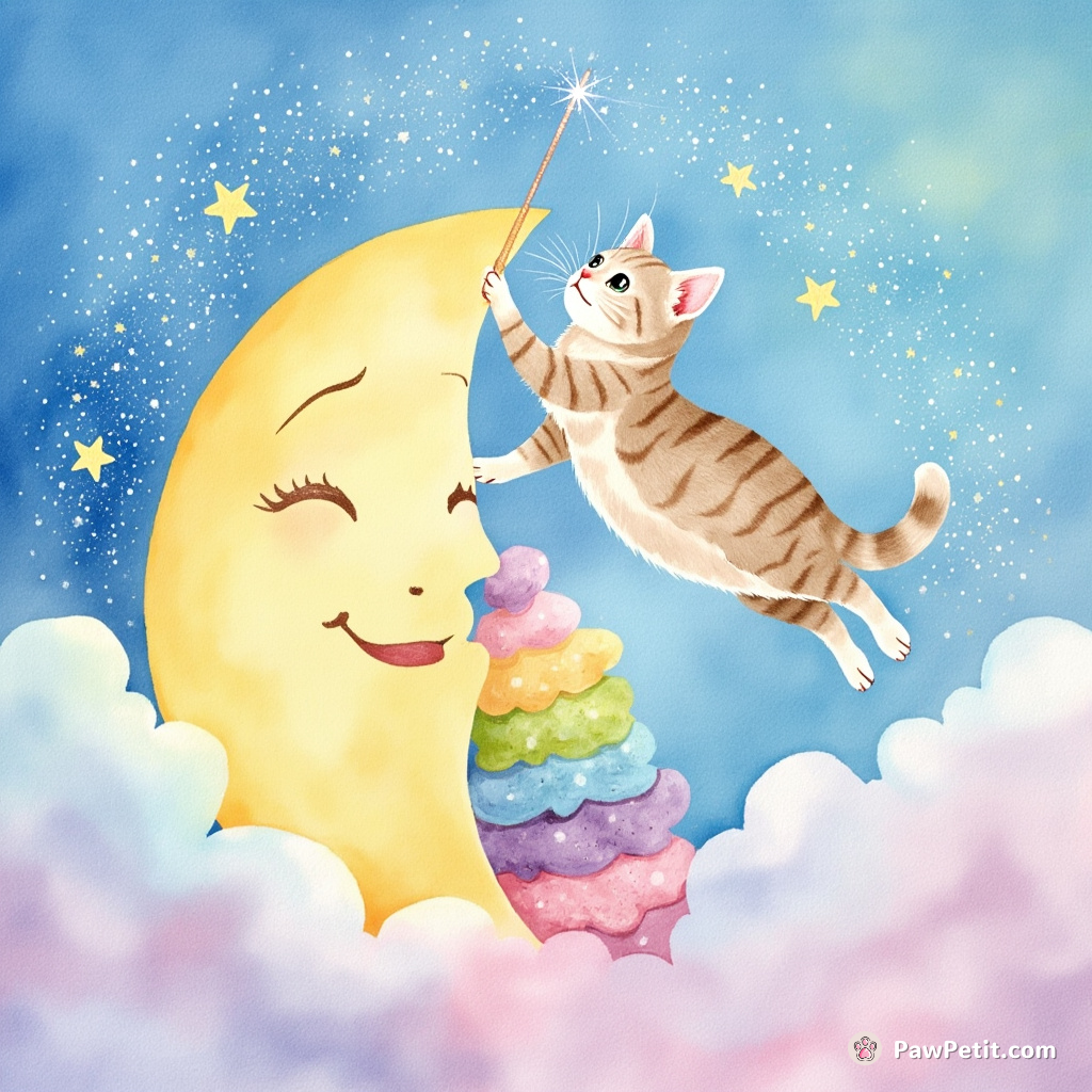 A pastel-colored cat jumping over an exquisitely decorated 3-tier rainbow cupcake moon to fetch a magical wand floating among twinkling stars.