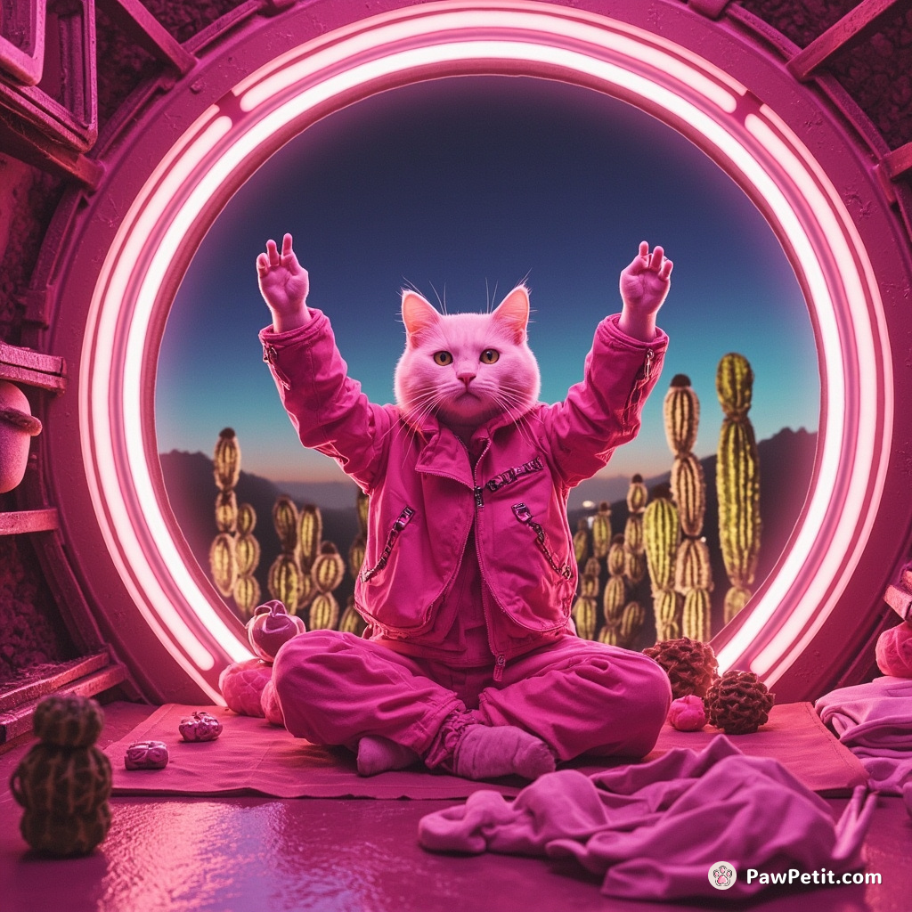 A pink, punk-rock cat practicing yoga in a zero-gravity space shuttle filled with neon cacti.