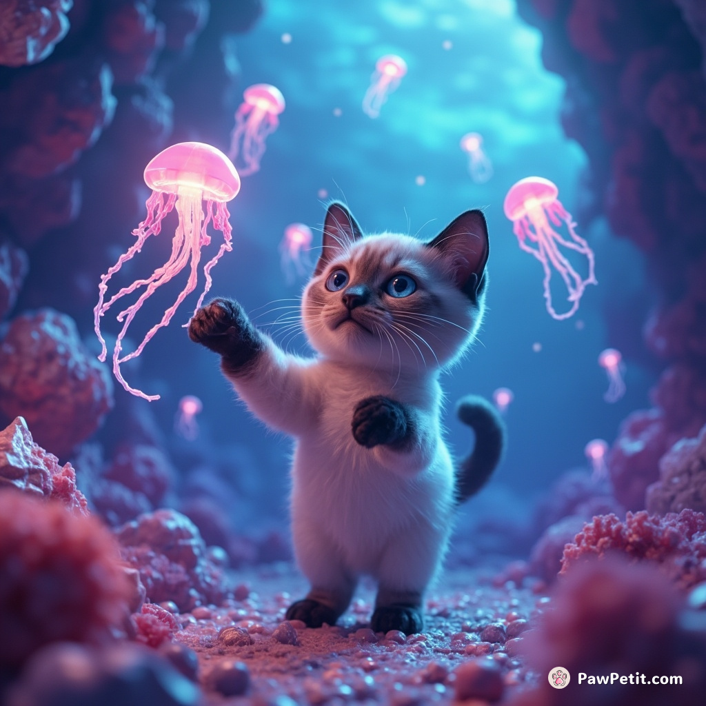 A Siamese cat juggling neon jellyfish in an underwater crystal palace.