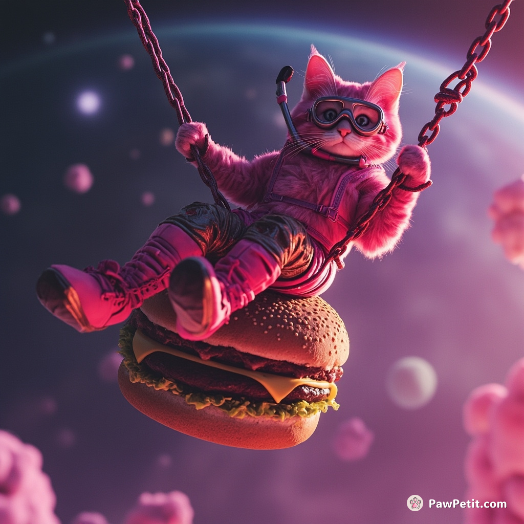 A neon pink cat bungee jumping from a giant cheeseburger in space, wearing a snorkelling kit and rocket boots.