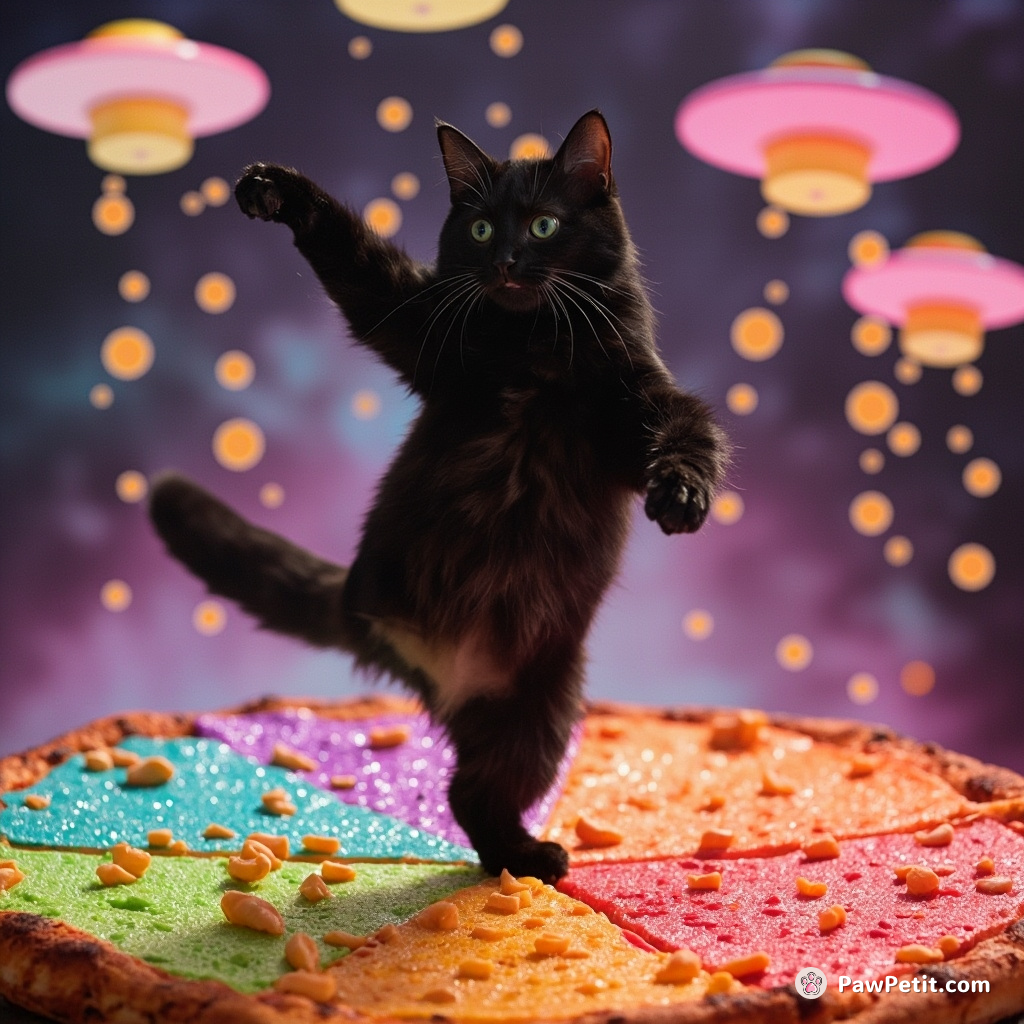 Black cat doing ballet on a glittering rainbow pizza, surrounded by UFOs beaming down cheeses.
