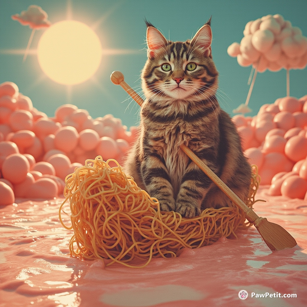A tabby cat majestically steering a spaghetti gondola on a river of milk under a meatball sun.
