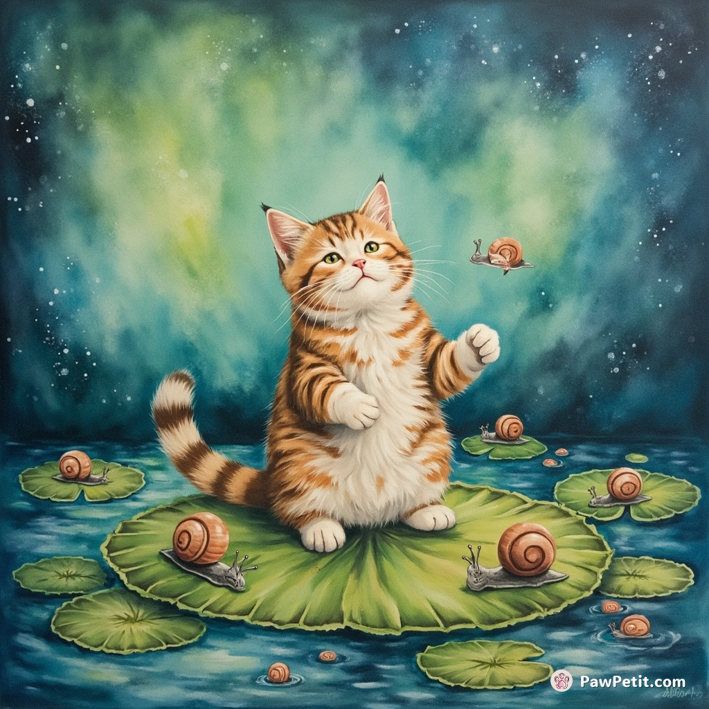 Cat conducting a symphony orchestra of snails on lily pads under an aurora borealis sky.