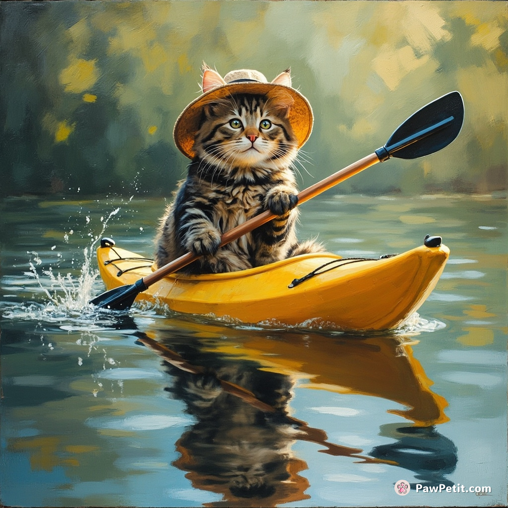 A cat dons a tiny hat, attempts to kayak, and ends up chasing its own reflection in the water.