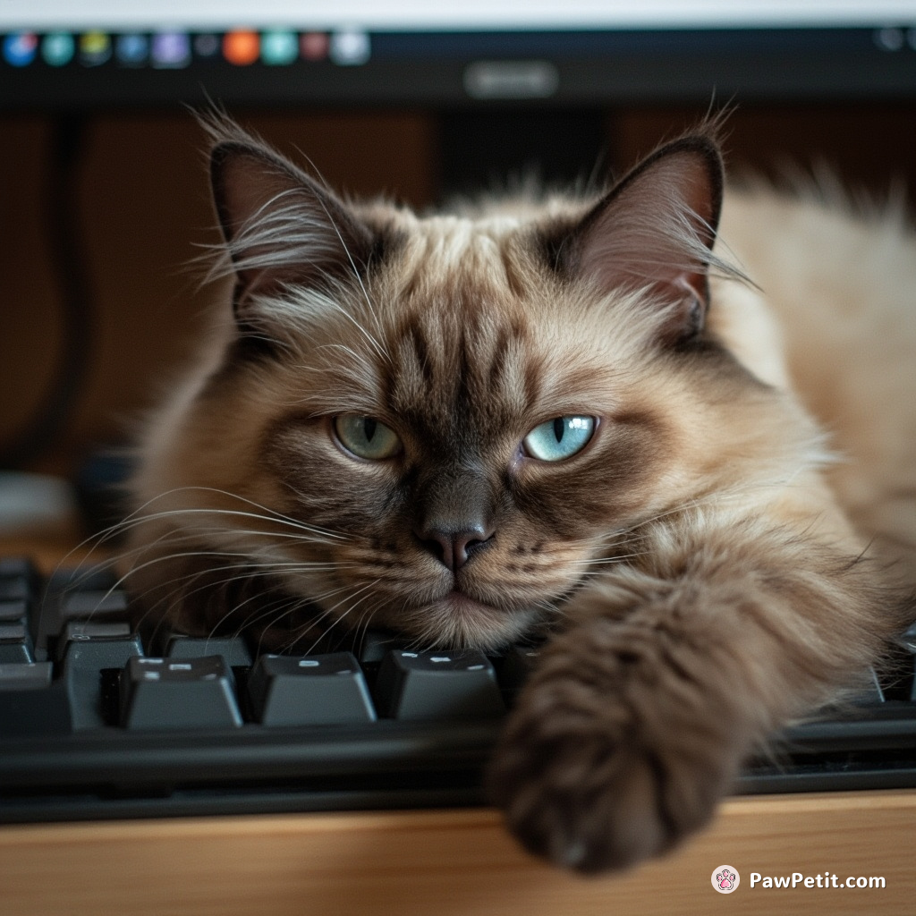 In sheer pompousness, the cat stretches itself on a keyboard, disturbingly misconstruing human work yet befitting a nap spot.
