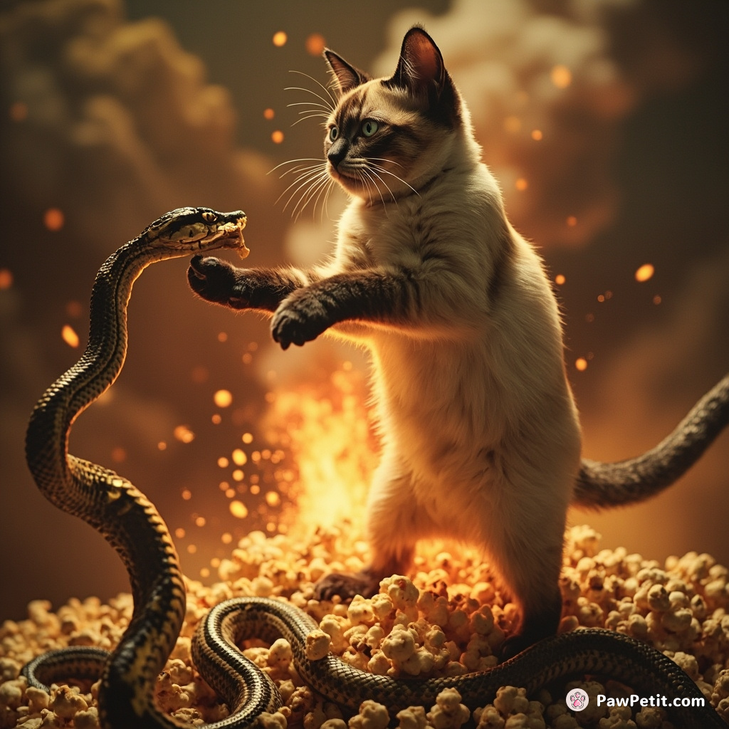 A siamese cat charming a cobra with a hypnotic dance, atop an erupting popcorn volcano.