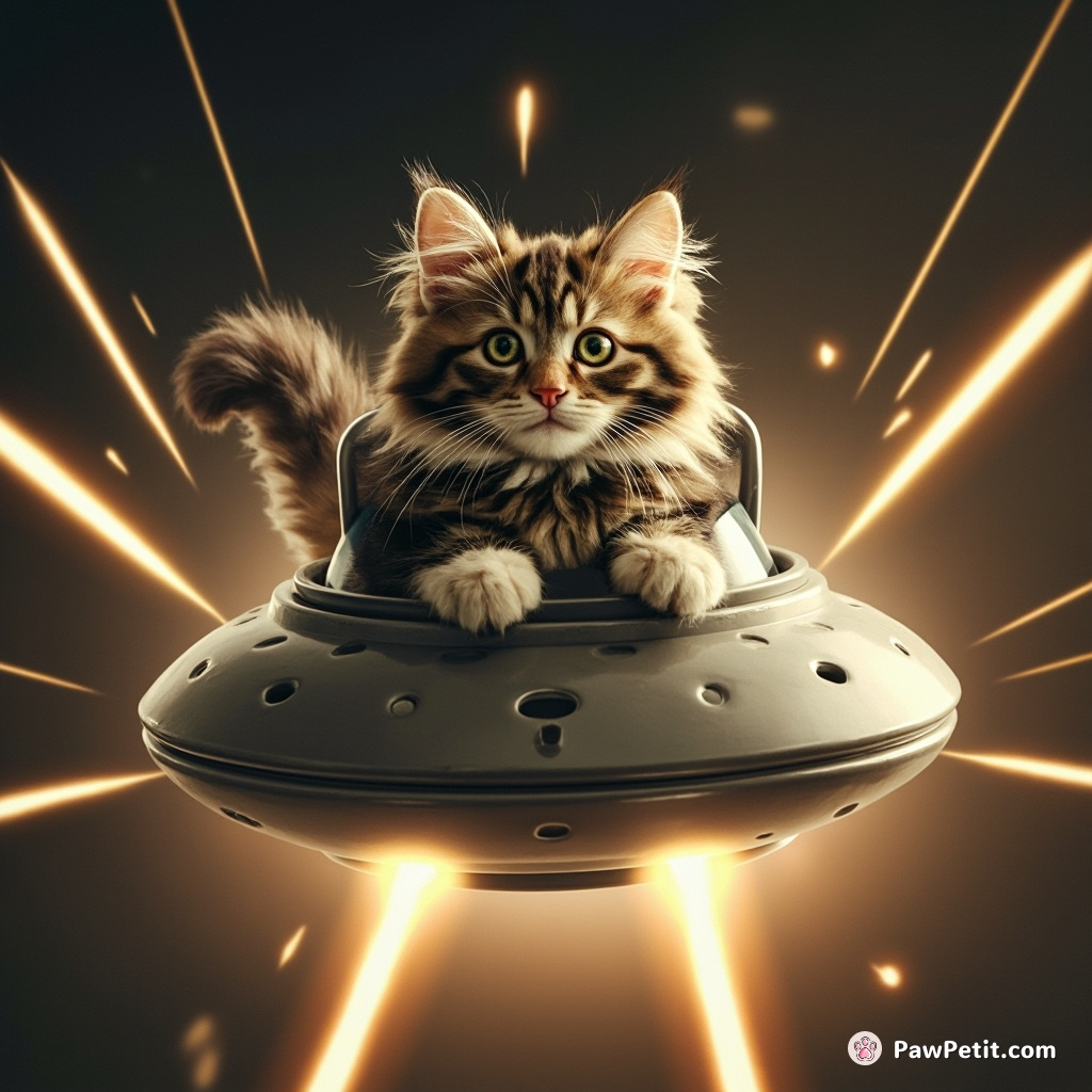 A cat pilots a levitating saucer, deftly dodging laser beams with a flick of its tail.