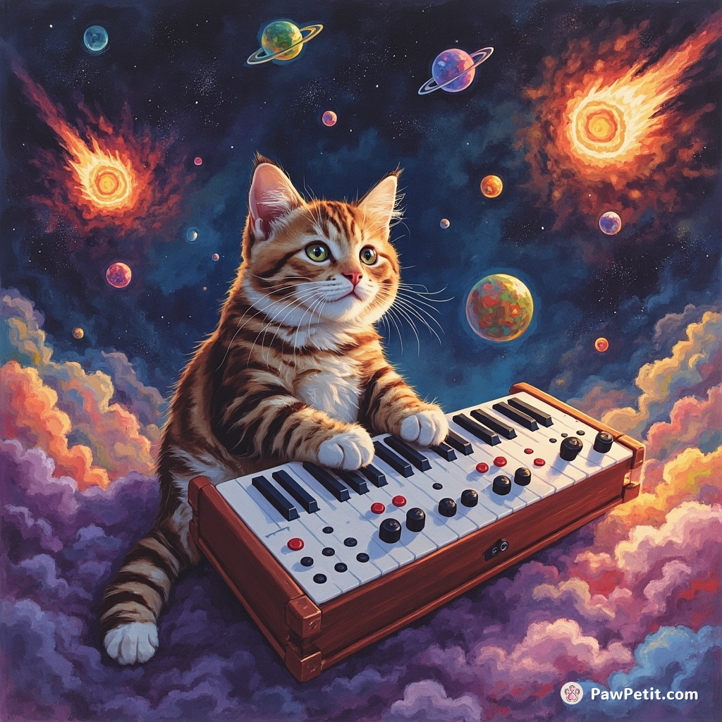 Cat playing a theremin in an alien nightclub, surrounded by flaming multicolor asteroids.