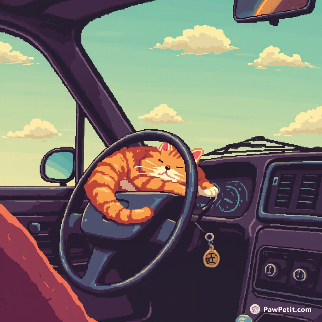 Cat valiantly attempts to parallel park a tiny car, somehow succeeds, then naps on the steering wheel.