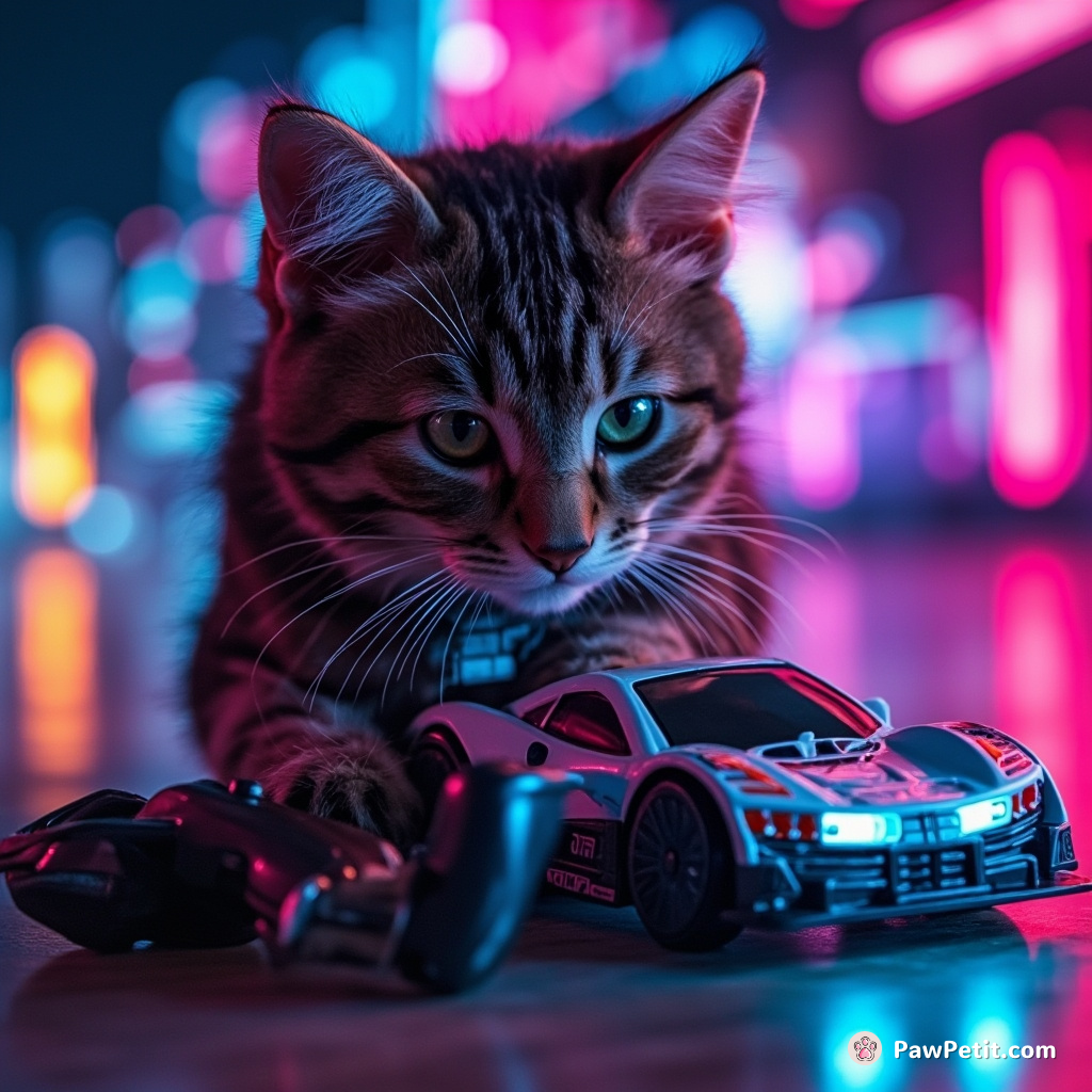 The cat attempts to 'drive' by pawing at car keys, sending the remote-controlled toy car into a wild spin.