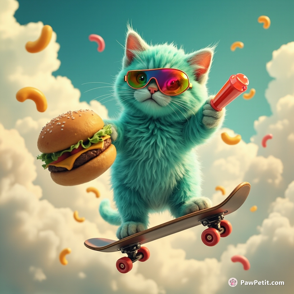 A turquoise cat skateboarding in the clouds, wearing rainbow sunglasses and launching cheeseburgers with a jellybean launcher.