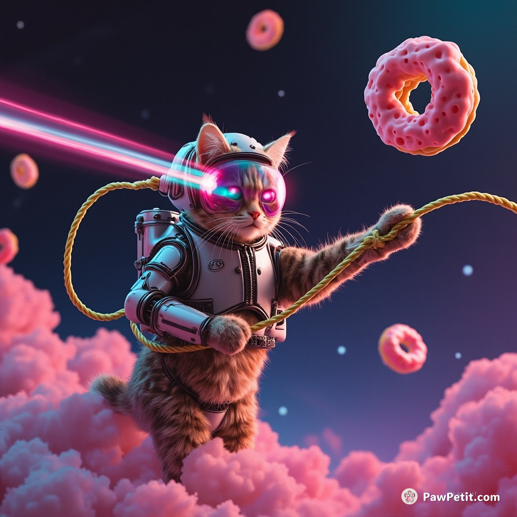 A laser-eyed cyborg cat using a spaghetti lasso to catch flying jelly doughnuts in space.
