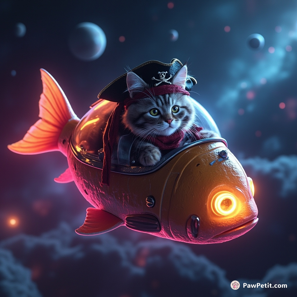 A pirate cat navigating space cosmos inside a fish-shaped, neon spaceship.