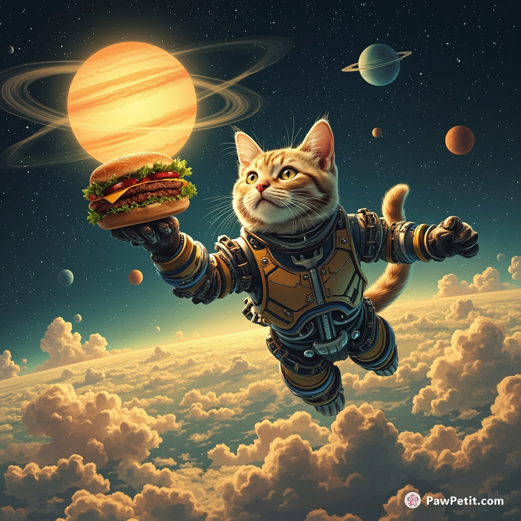 Cyborg cat levitating a cheeseburger telekinetically on Saturn's rings.