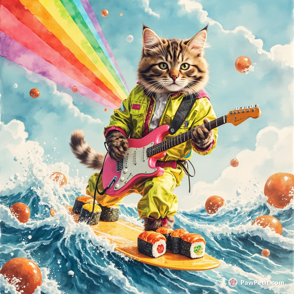 A cat in a neon-disco suit playing an electric guitar that shoots out a rainbow laser beam while surfing on sushi rolls in a sea of soda pop.