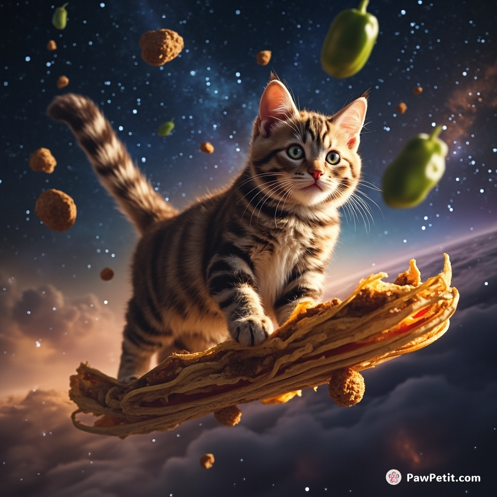 A cosmic cat surfing on a Milky Way nacho while dodging jalapeno asteroids.