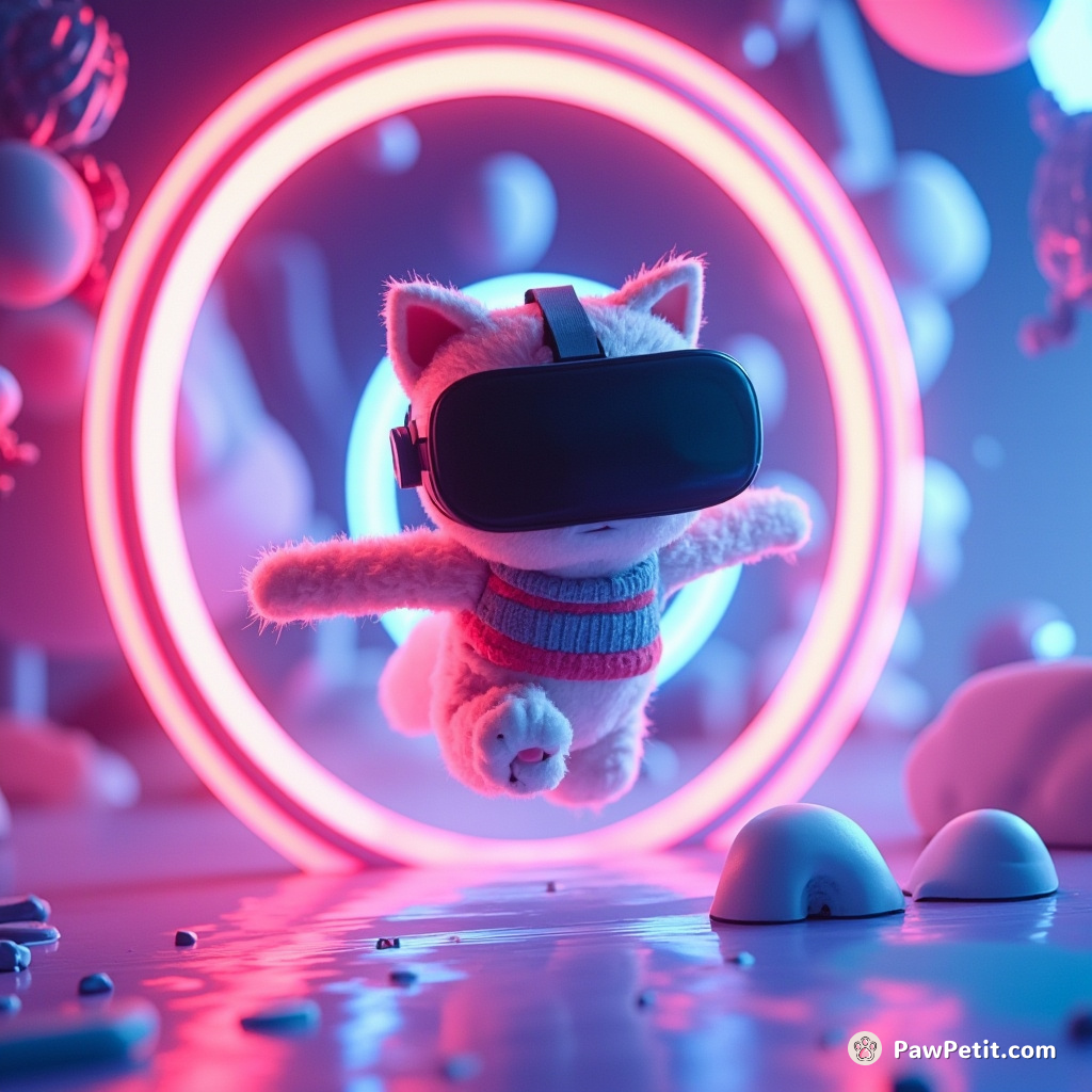 In the VR realm, Pixel the cat leaps through neon portals, reshaping the digital landscape with each bound.