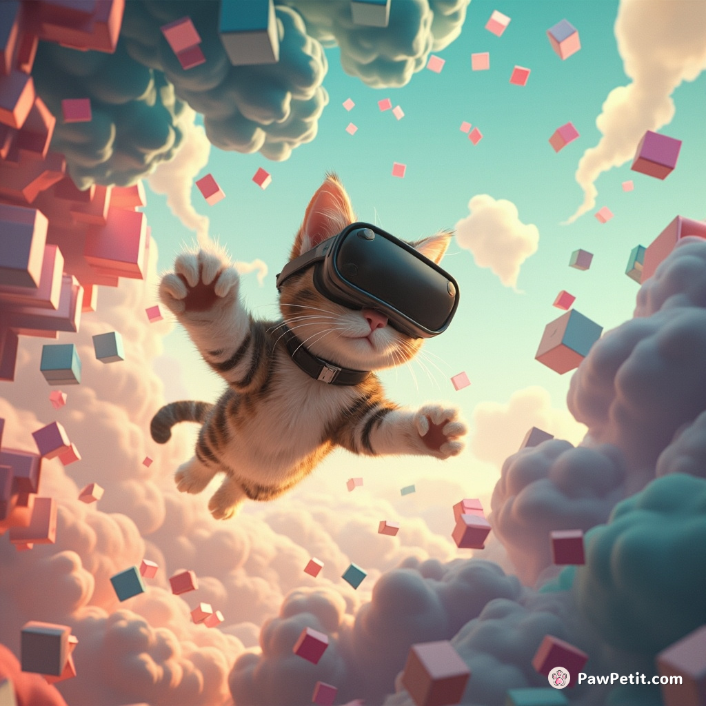 In a VR realm, a cat leaps through pixelated portals, weaving reality with dreams in mid-air.
