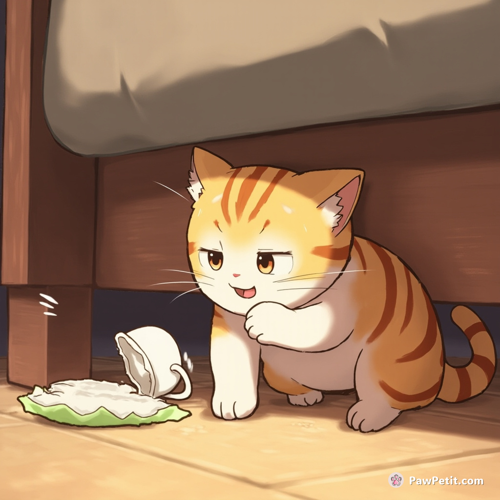Cat darts between legs, knocking over a teacup, then bolts under the couch in a flurry of panic.