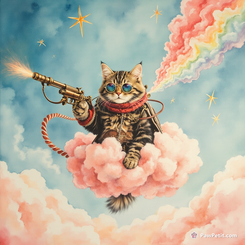 Steam-punk cat hitching a ride on a candy-floss cloud, using his monocle flare gun to gather shooting cool-aid stars.