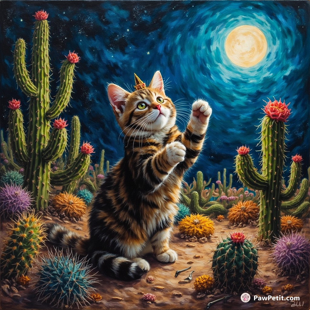 A mystical cat conducting an orchestra of psychedelic cacti in a moonlit desert landscape, mesmerized by the symphony.