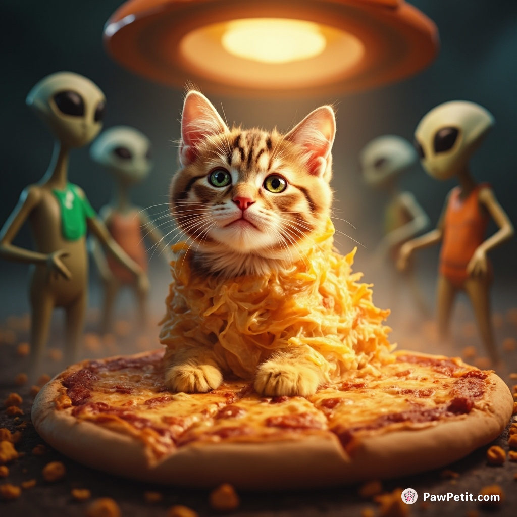 Cat morphing into a cheesy pizza before being abducted by cat-loving aliens.