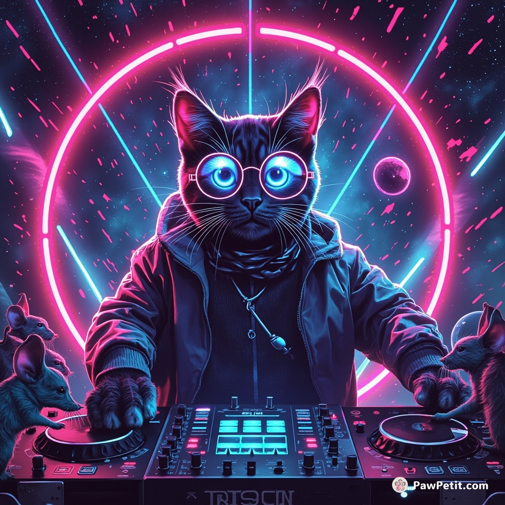 A neon cat DJ orchestrating a techno rave for robot mice in a futuristic disco spaceship.