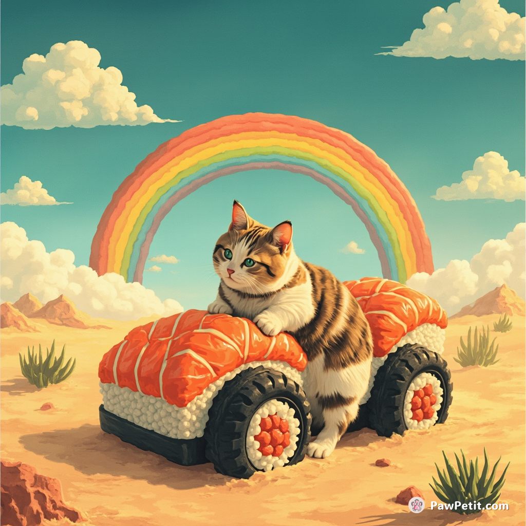 Cat changing tires on a car made of sushi in the middle of a rainbow desert.