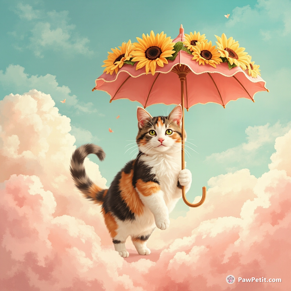 A calico cat carrying an umbrella of sunflowers, walking on cotton candy clouds in a marshmallow sky.