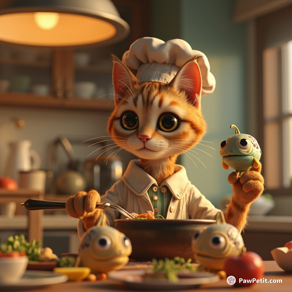 Cat conducting a gourmet kitchen cooking show with fish aliens as ingredients.