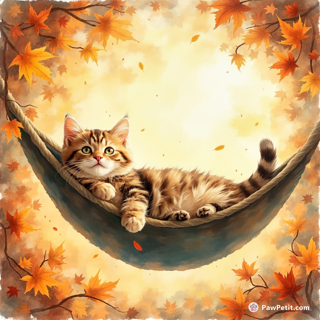 Amid spiraling autumn leaves, whiskers twitching chaotically, the cat triumphantly splays out in a snug hammock, attempting to sunbathe.