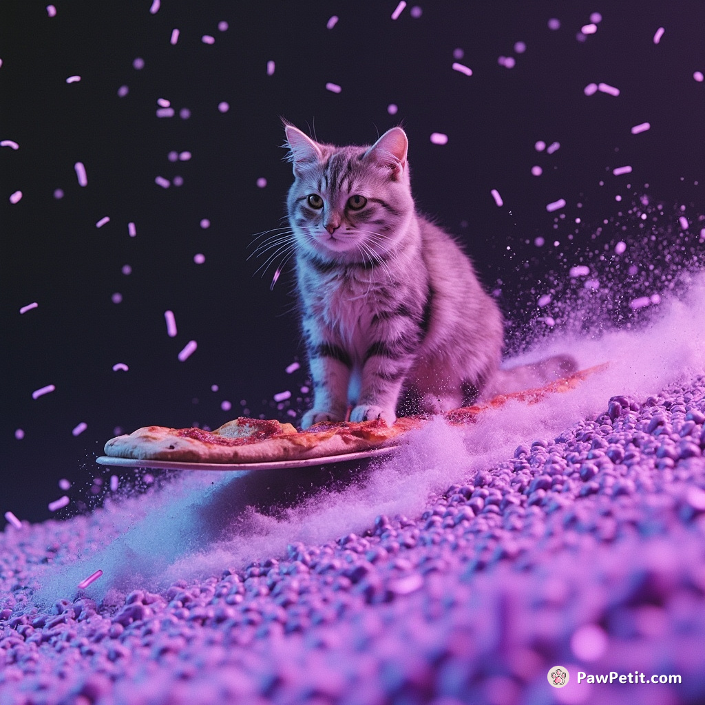 Cat surfing on a slice of dad's forgotten burnt pizza in a sea of lavender under a sprinkles rain.