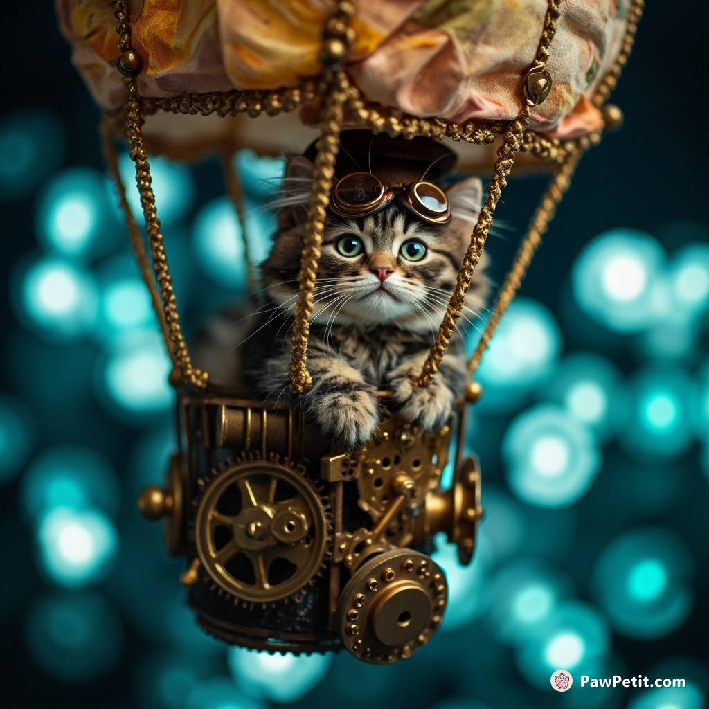 Steampunk cat operating a miniature hot air balloon over a sea of glowing jellyfish.