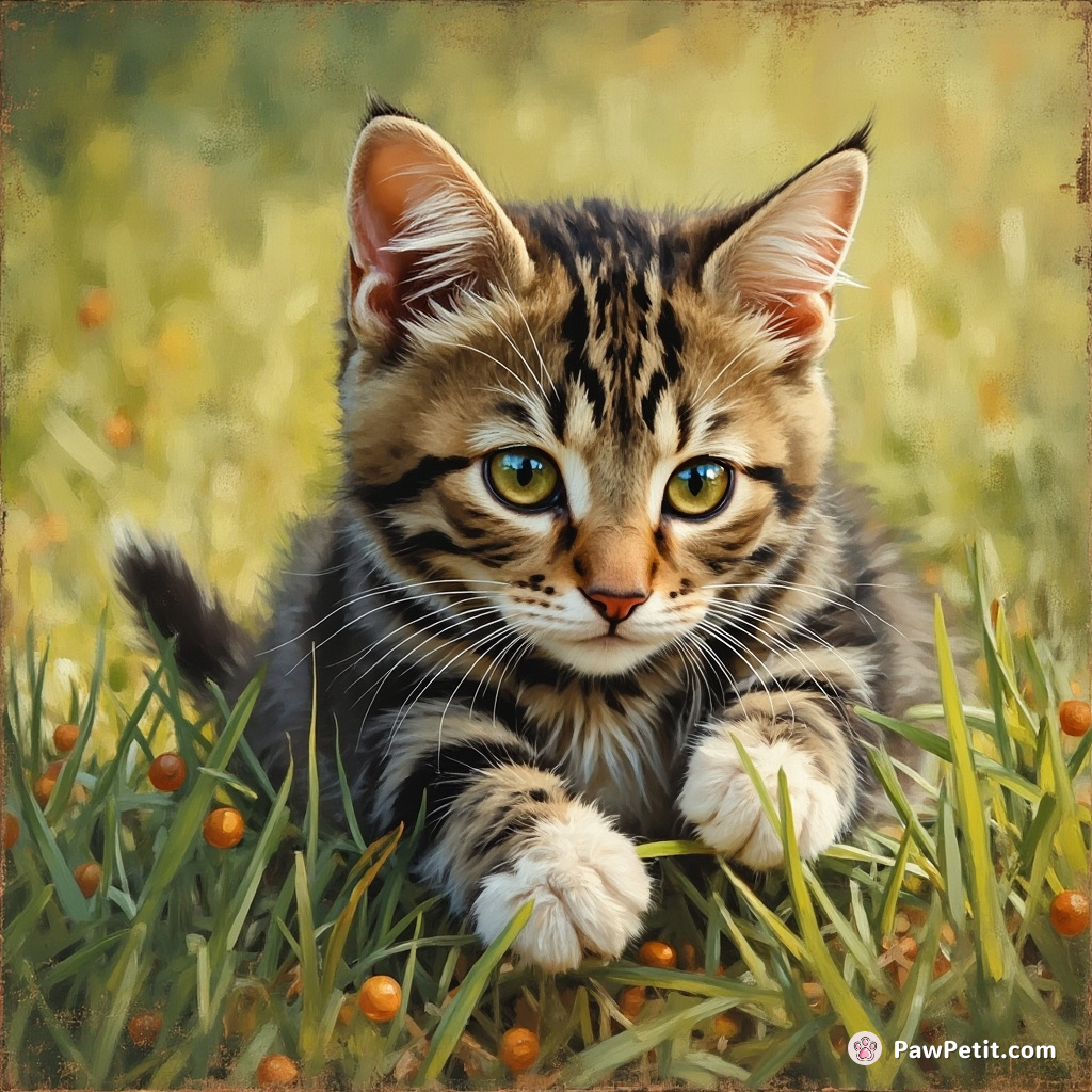The cat crouches, eyes wide, pawing at the grass like a human savoring a delicate meal.