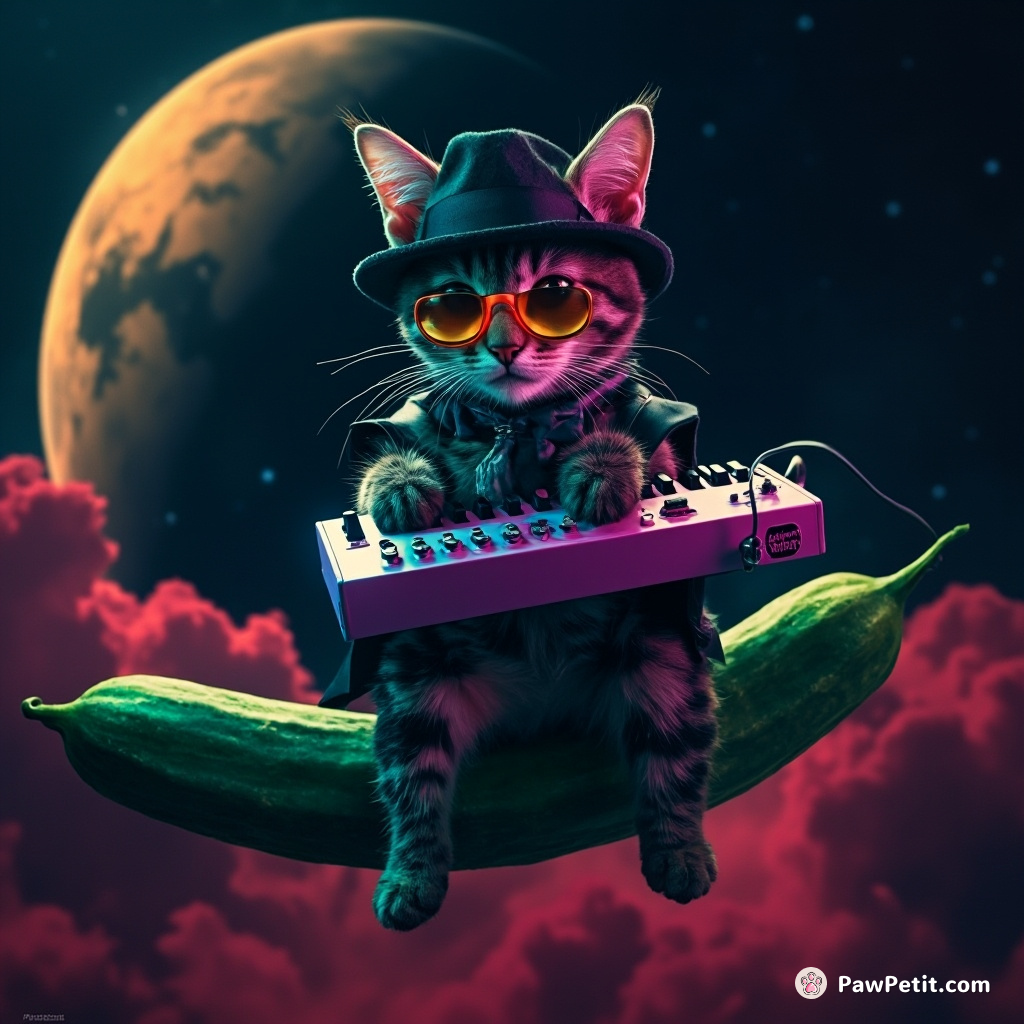 A neon mobster cat with a fedora and shades, calmly playing a theremin, atop a floating cucumber in interstellar space.
