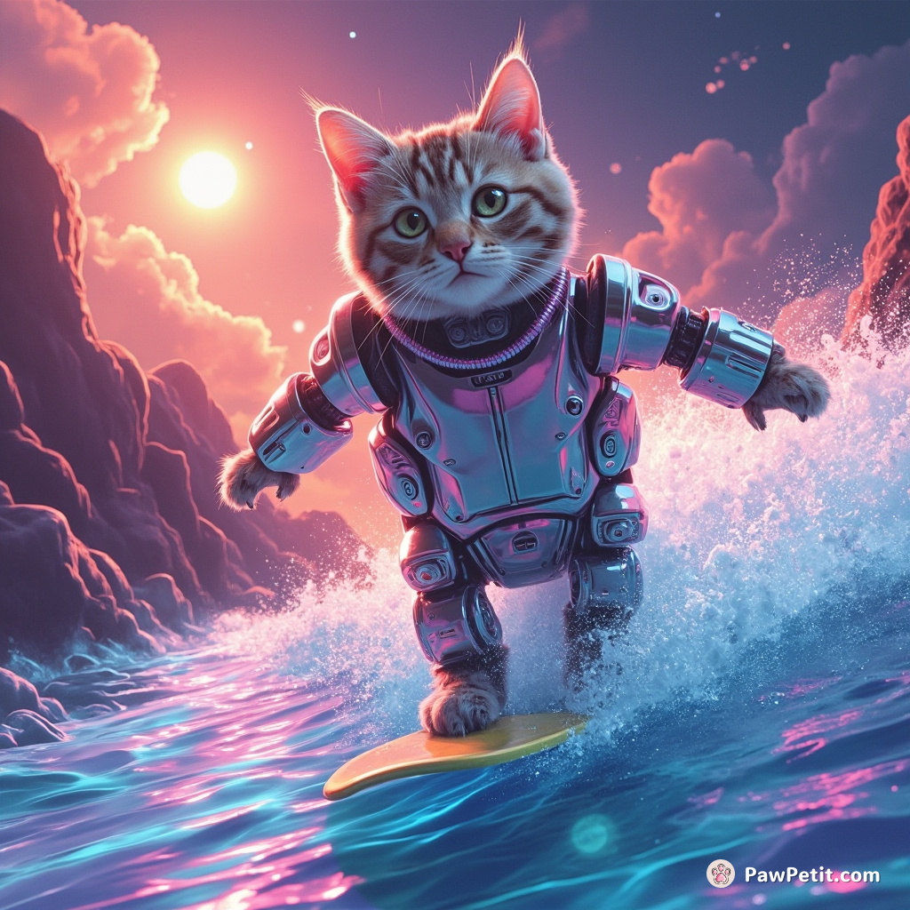 Cyborg cat body-surfing on a river of dichroic liquid glass under extrasolar ethereal celosia skies.
