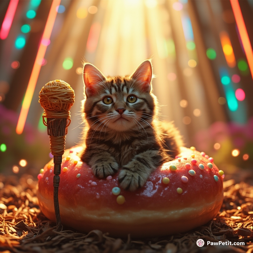 Cat sunbathing on a jelly donut in the middle of a neon forest singing into a microphone made out of spaghetti.