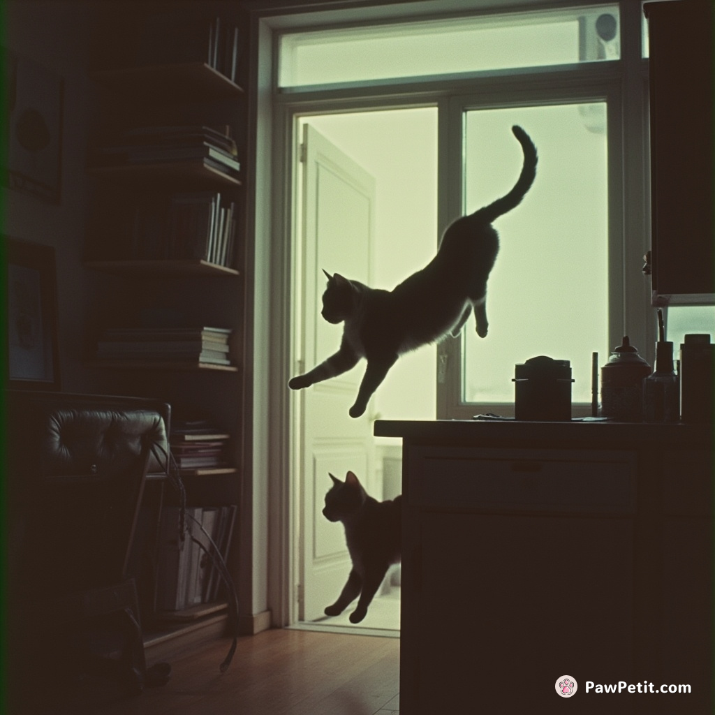 Cats silently navigate through homes, leaping gracefully from bookshelf to countertop, blending seamlessly with the shadows.