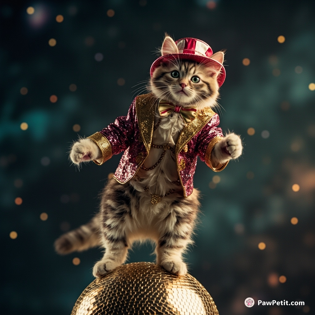 A mischievous cat decked out in a sequined circus ringleader suit, attempting to balance atop a spinning disco globe in outer space.