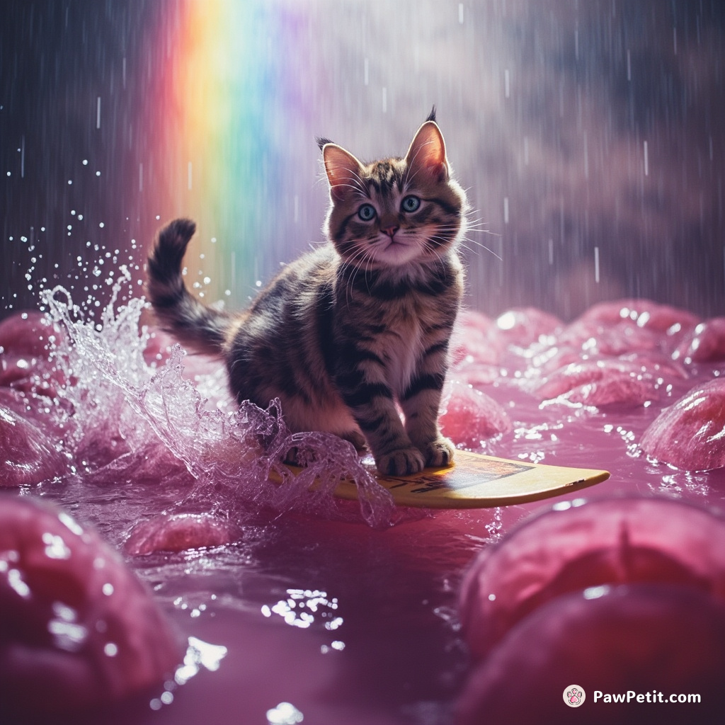 Cat surfing on a jellyfish in an ocean of grape juice under a raining rainbow.