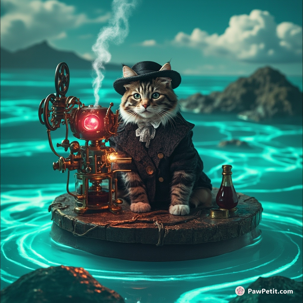 Steampunk Victorian-era cat operating a complex coffee brewing contraption on a floating island in the middle of a luminescent turquoise sea.
