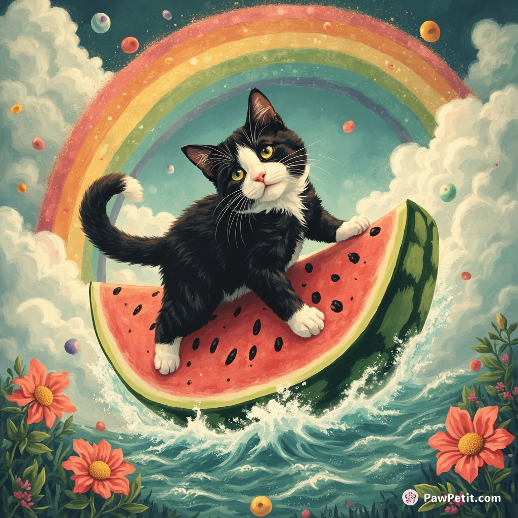 A tuxedo cat surfing on a watermelon slice over a flowery sea under a jellybean rainbow.