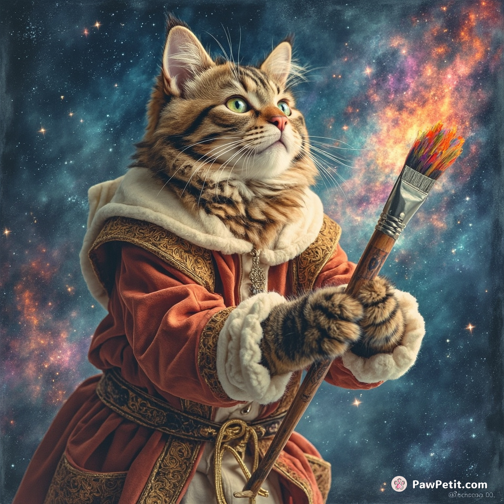 Cat dressed as a Renaissance painter, creating a galaxy with a multicolored paintbrush in zero gravity.