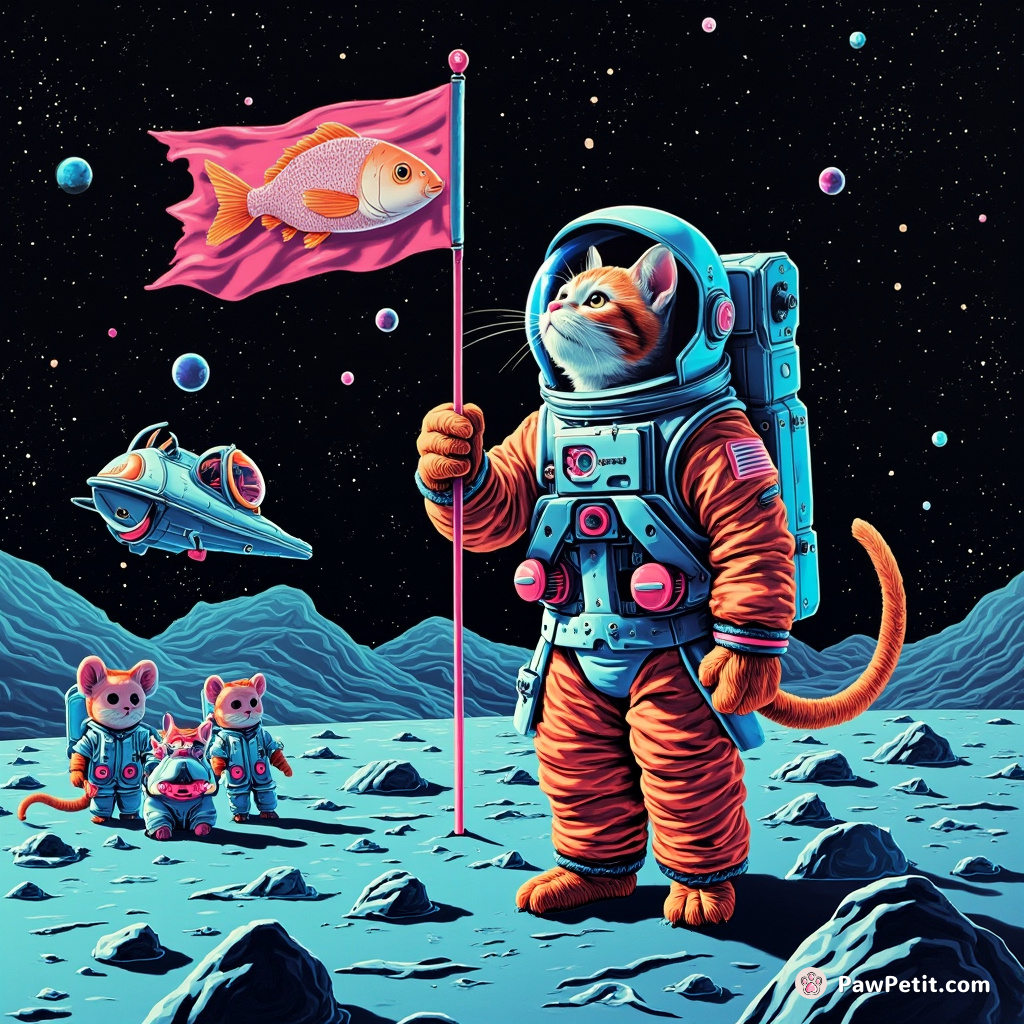 Cat in an astronaut suit planting a fish flag on the moon, while a team of mouse astronauts are watching from their spaceship.