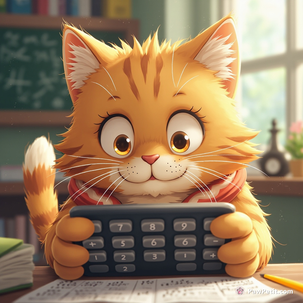 Believing it's a math prodigy, Whiskers diligently swats calculator buttons, out-solving equations faster than its astounded human counterparts.