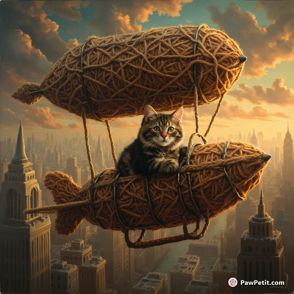 Steampunk cat flying a zeppelin composed entirely of yarn in an upside-down cityscape at dusk.