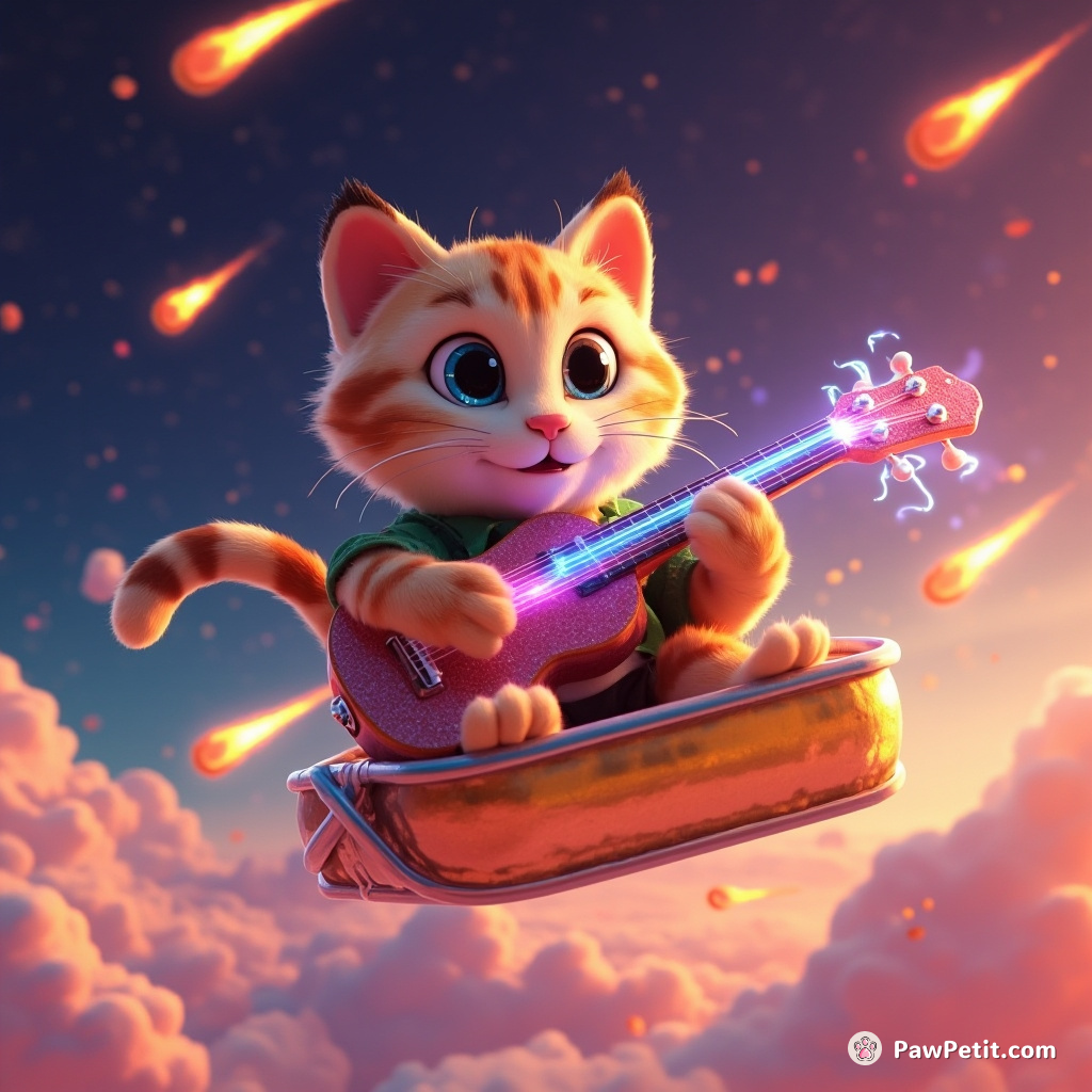A cat playing an electrified ukulele on a floating sardine can in zero gravity, under a sky of fiery meteorites.
