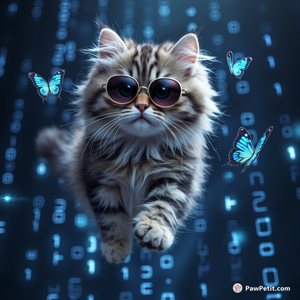 In a pixelated palace, the cyber-kitty daintily leaps through code sequences, paw-tapping bugs into enchanting digital butterflies.